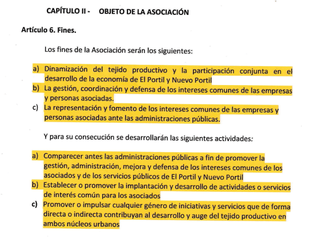 Artículo 6 de los estatutos de la Asociación Empresarial Evoluciona Portil con sus fines y actividades