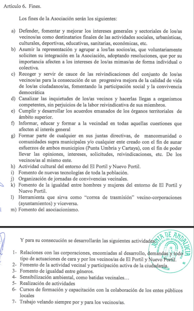 Artículo 6 de los estatutos de la Asociación de Vecinos Portileños con sus fines y actividades