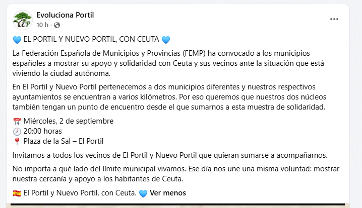 Publicación en Facebook de Evoluciona Portil sobre la concentración de apoyo a Ceuta
