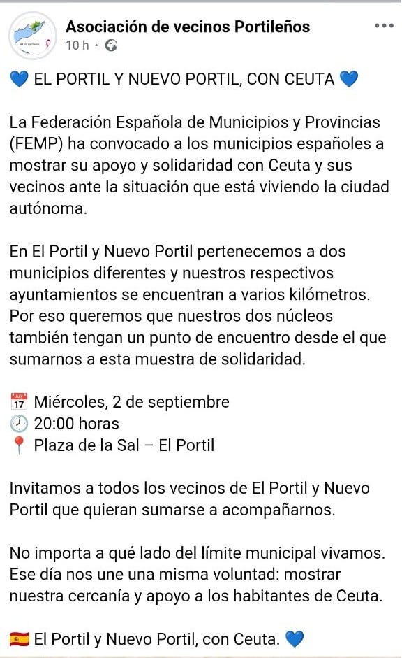 Publicación en Facebook de la Asociación de Vecinos Portileños sobre la concentración de apoyo a Ceuta